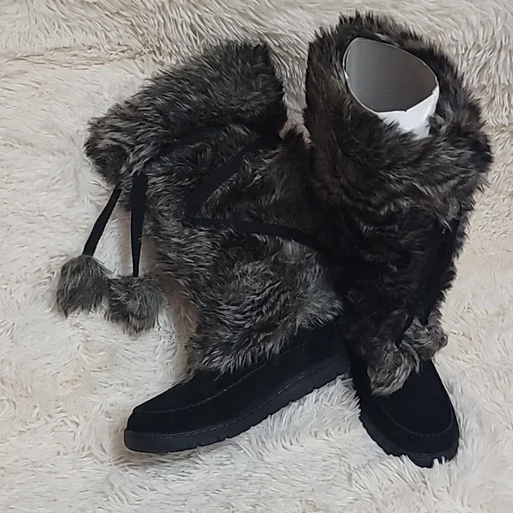 Eddie Bauer, Women's, Faux Fur, Leather, Squatch Boot Black Sz 9.5 Snow Winter - Picture 2 of 11